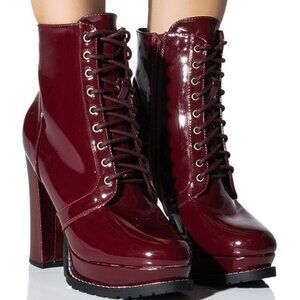 AZALEA WANG "PATENT BURGUNDY BADDIE " CHUNKY LACE UP BOOTIE ( BRAND NEW !!! )